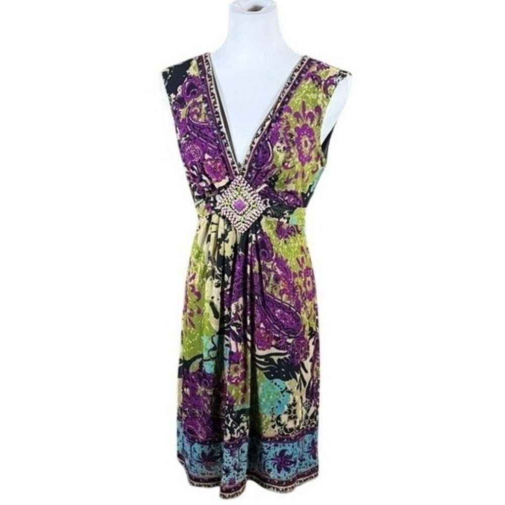 ICE Womens Paisley Mesh V-Neck Dress Purple Green Rhinestone Size‎ 10 RN101876
